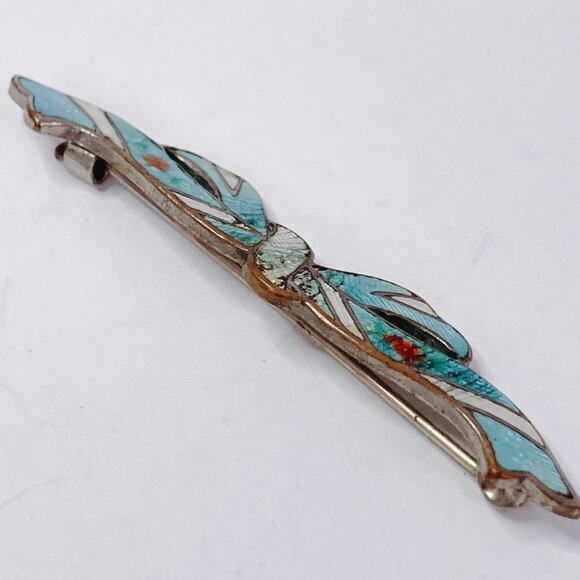 Vintage Guilloche Enamel Ribbon Bow Floral Bar Brooch 1920s 1930s Blue Jewelry - Picture 7 of 11